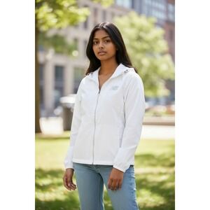 New Balance Womens White Iridescent Holographic Hooded Windbreaker Jacket Large